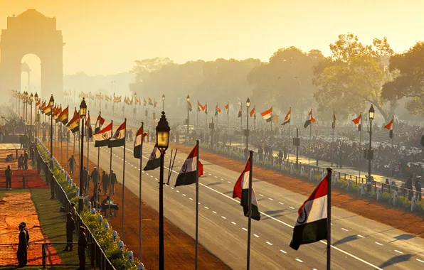 Картинка улица, Индия, арка, парад, флаги, День Республики, Нью-Дели