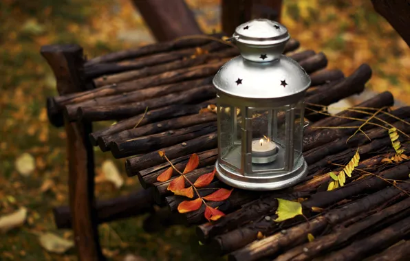 Картинка осень, листья, скамейка, природа, свеча, лавочка, фонарик, фонарь