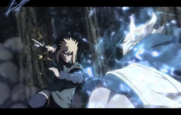 Молния, арт, кунай, Naruto Shippuden, Минато против Райкаге