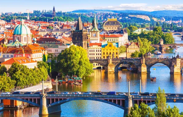 Картинка солнце, деревья, река, дома, Прага, Чехия, мосты