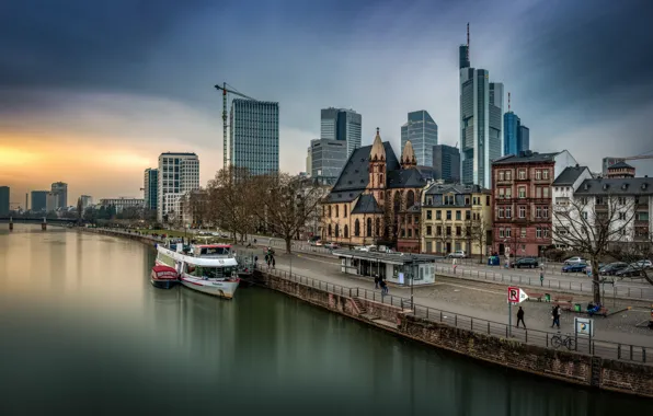 Река, здания, Германия, набережная, Франкфурт-на-Майне