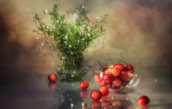 Цветы, ягоды, черешня, незабудки