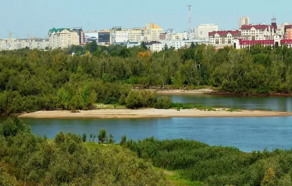 Пляж, лето, небо, острова, река, Город, ОМСК, СИБИРЬ