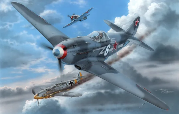 Картинка арт, Великая Отечественная война, истребитель-моноплан, Вторая Мировая война, Як-3, Нормандия-Неман, поршневой истребитель, Bf.109G-6