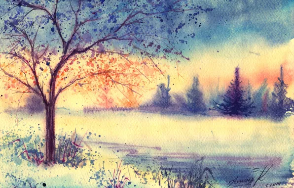 Картинка зима, трава, дерево, утро, акварель, ёлки, нарисованный пейзаж