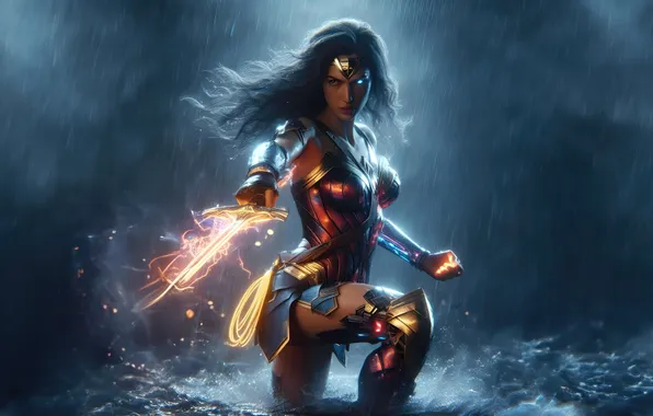 Woman, dual, weapons, justice, wonder