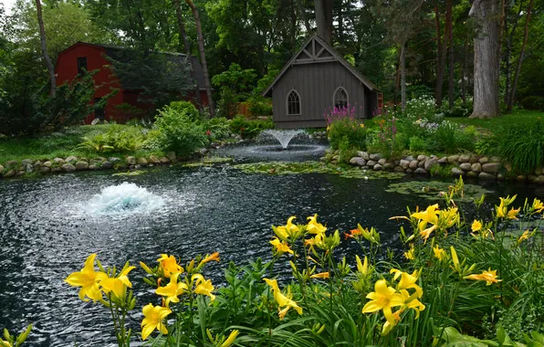 Картинка деревья, цветы, пруд, парк, камни, лилии, желтые, фонтан