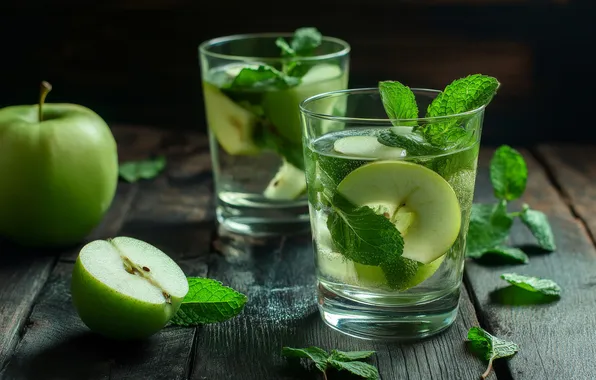 Листья, стол, яблоки, доски, бокалы, зеленые, коктейль, стаканы