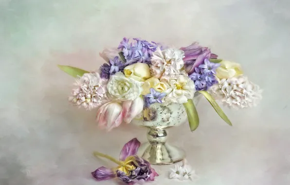 Листья, цветы, букет, желтые, лепестки, арт, тюльпаны, ваза