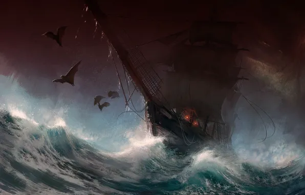 Dark, fantasy, storm, rain, sea, art, painting, ship