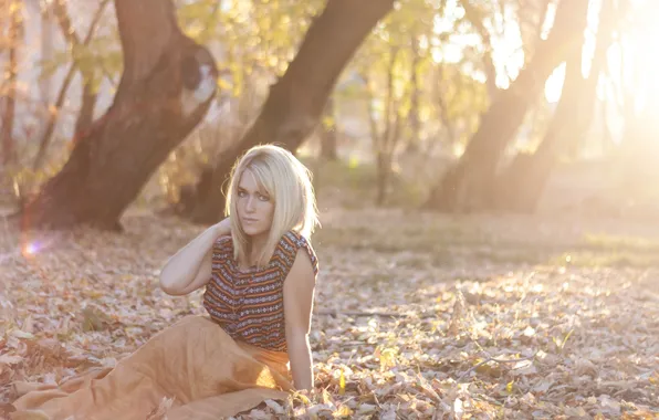 Осень, листья, девушка, листва, блондинка