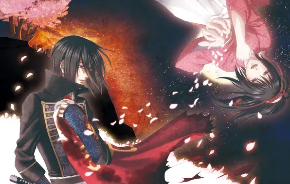 Картинка девушка, меч, лепестки, слезы, мужчина, Hakuouki, Yukimura Chizuru, Hijikata Toshizou