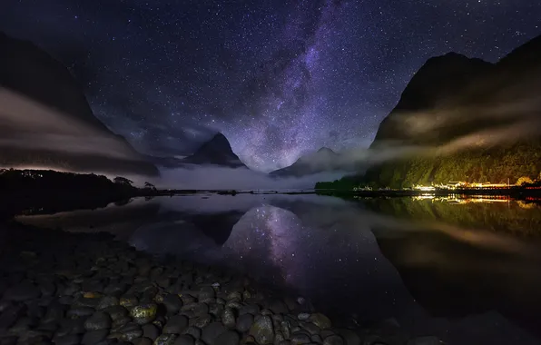 Ночь, Новая Зеландия, Milford Sound