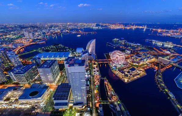 Ночь, город, река, фото, небоскребы, Япония, сверху, Yokohama
