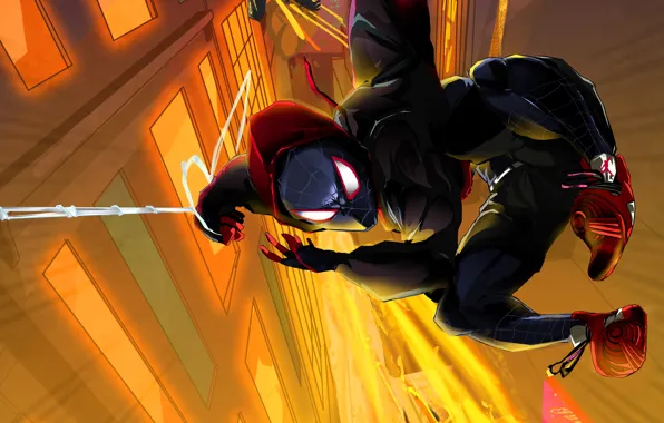 Фантастика, мультфильм, паутина, арт, костюм, полёт, Spider-Man, Человек-паук: Через вселенные
