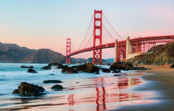 Пляж, вода, город, берег, утро, Калифорния, Сан-Франциско, США