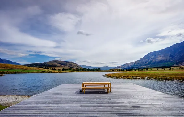 Горы, пруд, стол, Новая Зеландия, пирс, New Zealand, mountains, Queenstown