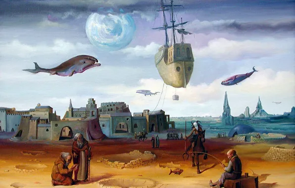 Картинка городок, рыбаки, киты, Сюрреализм, летающий корабль, Сны о рыбалке, Лазарев И.А