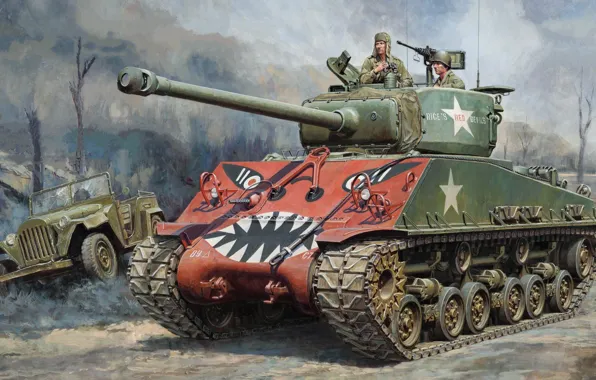 Картинка арт, Средний танк, Sherman, Корейская война, M4A3E8, ГАЗ-67