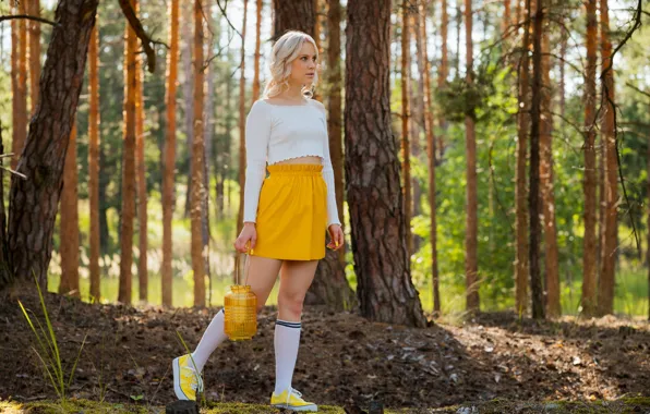 Forest, hot girl, trees, nature, yellow, model, babe, outside