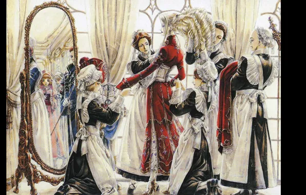 Зеркало, прическа, корсет, trinity blood, униформа, прислуга, одевание, горничные