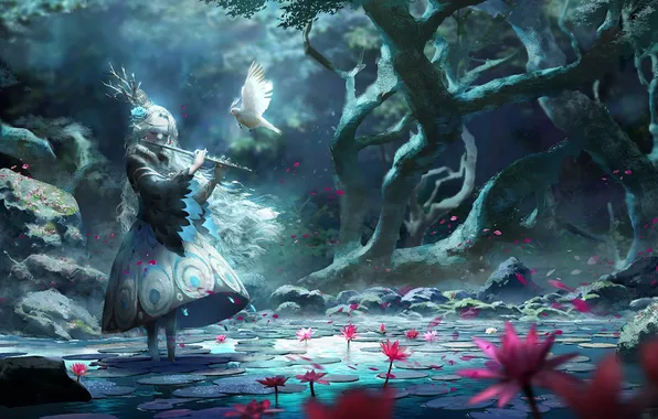 Картинка девушка, цветы, природа, ветви, голубь, розы, аниме, лепестки