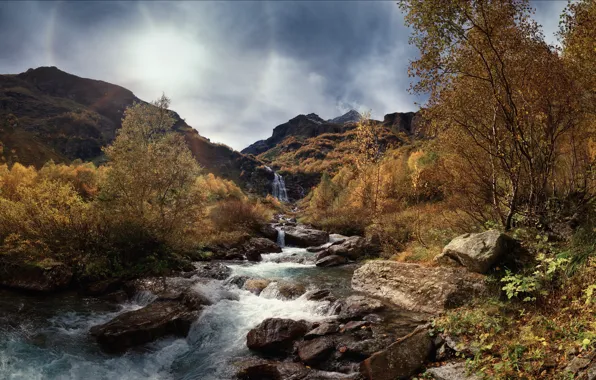 Картинка осень, пейзаж, горы, природа, река, камни, водопад, КЧР