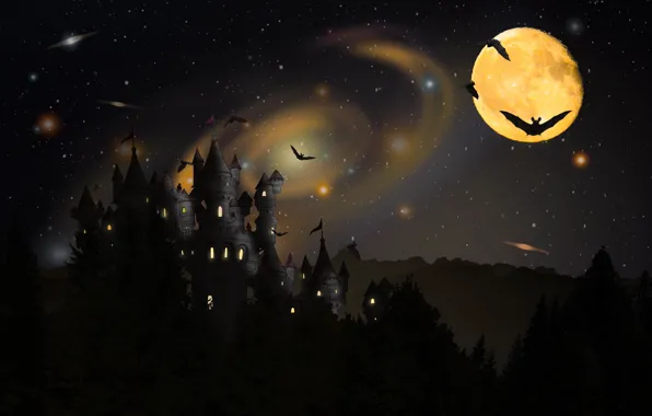 Картинка Ночь, Луна, Замок, Halloween, Хеллоуин, Полнолуние, Летучие мыши