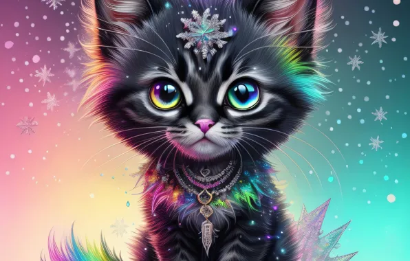 Зима, кошка, глаза, кот, взгляд, снег, снежинки, стиль