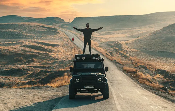Land Rover, Car, Landscape, Happy, Man, Desert, Offroad, Defencer