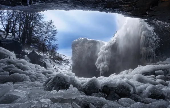 Зима, небо, снег, деревья, камни, водопад, лёд, арка