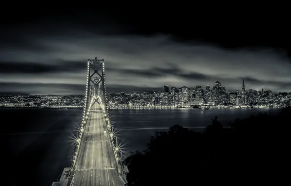 Ночь, мост, огни, Калифорния, Сан-Франциско, California, San Francisco, Bay Bridge