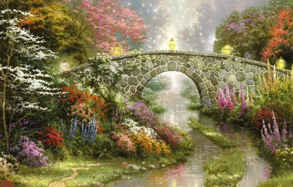 Цветы, мост, природа, волшебство, фонари, красивая, magic, живопись