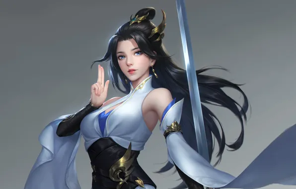 Картинка sword, weapon, women, drawing, dark hair, simple background, xianxia, hair accessories