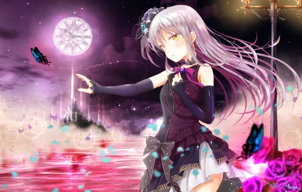 Цветы, Девушка, Ночь, Луна, Бабочки, Bang Dream!