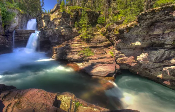 Картинка лес, парк, водопад, Glacier National Park, Montana, St Mary Falls