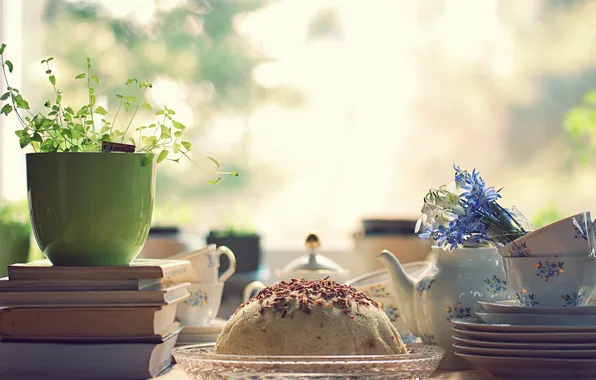 Картинка свет, цветы, стол, настроение, книги, завтрак, утро, чашки