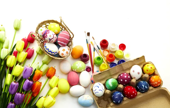 Цветы, яйца, весна, colorful, Пасха, тюльпаны, flowers, tulips