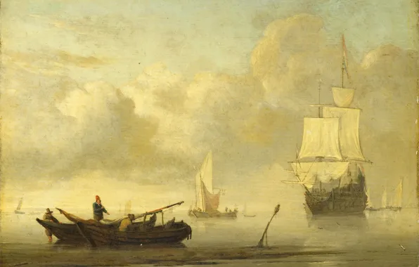 Масло, картина, Виллем ван де Велде Младший, Willem van de Velde II, 1707, Корабли у …