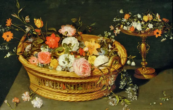 Картинка корзина, картина, ваза, Ян Брейгель младший, Натюрморт с Цветами