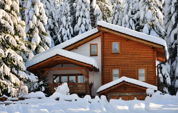 Картинка зима, снег, деревья, пейзаж, природа, зимний, елки, домик