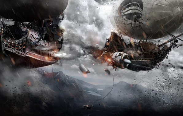 Skull, dirigible, sky, war, battle, weapons, boat, spear