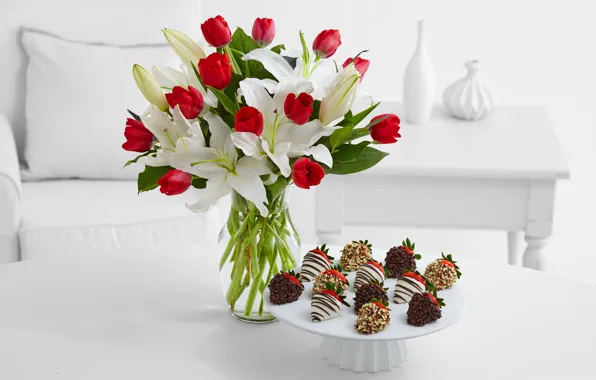 Стол, лилии, интерьер, букет, лепестки, тюльпаны, пирожное