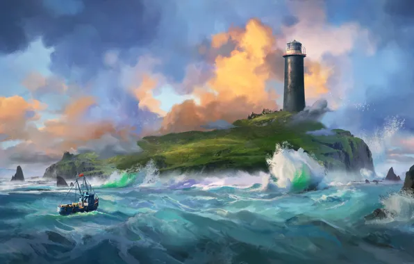 Картинка artwork, clouds, illustration, island, Donnell, digital art, environment, sea