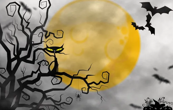 Картинка кошка, луна, хэллоуин, мыши, Happy Halloween