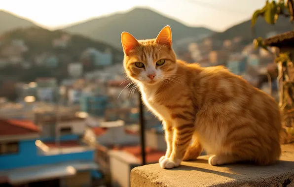 Картинка city, animals, mountains, cats, blurred, looking at viewer, blurry background, AI art