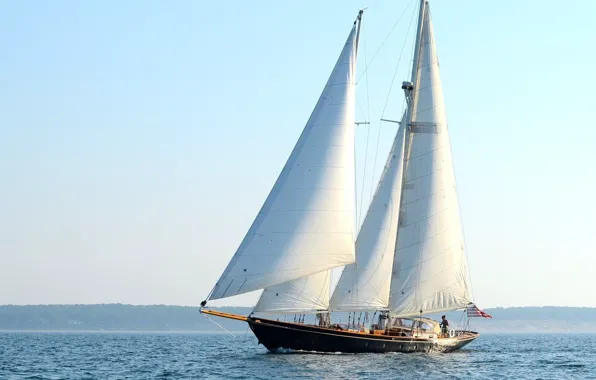 Море, путь, движение, ветер, побережье, корабль, парусник, паруса