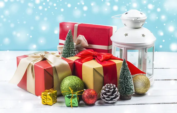 Gift box, Новый Год, подарки, snow, снег, Merry, lantern, украшения