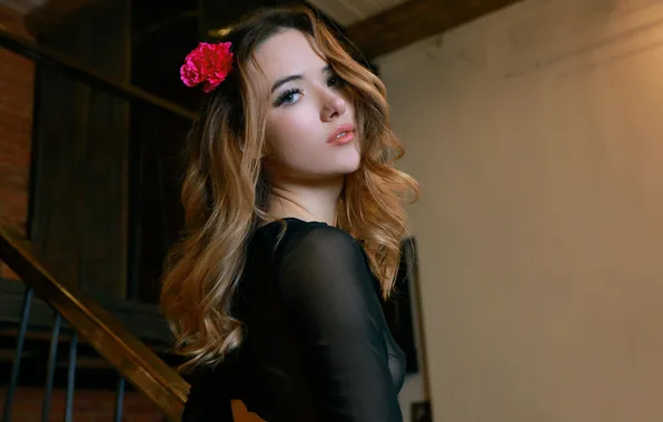 Flower, long hair, model, brunette, gorgeous, photoshoot, posing, cute girl