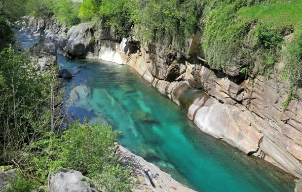 Горы, река, Швейцария, каньон, Switzerland, Verzasca Valley, Lavertezzo, Verzasca River